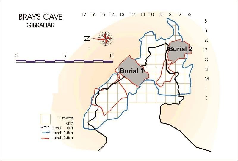 Plan of Bray's Cave showing the two burial areas.